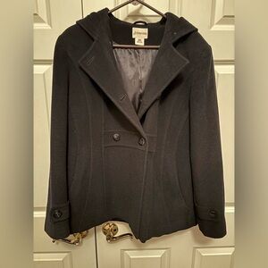 Ladies St. John’s Bay Black Pea Coat with Hood.  Excellent Condition. Size Large